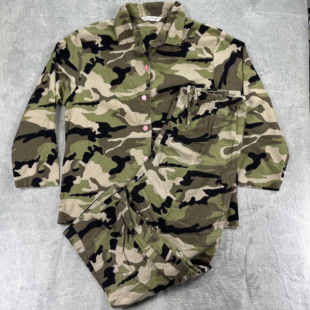 Alexander Del Rossa Pajama Set Womens Large‎ Green Camouflage Cotton Nightwear